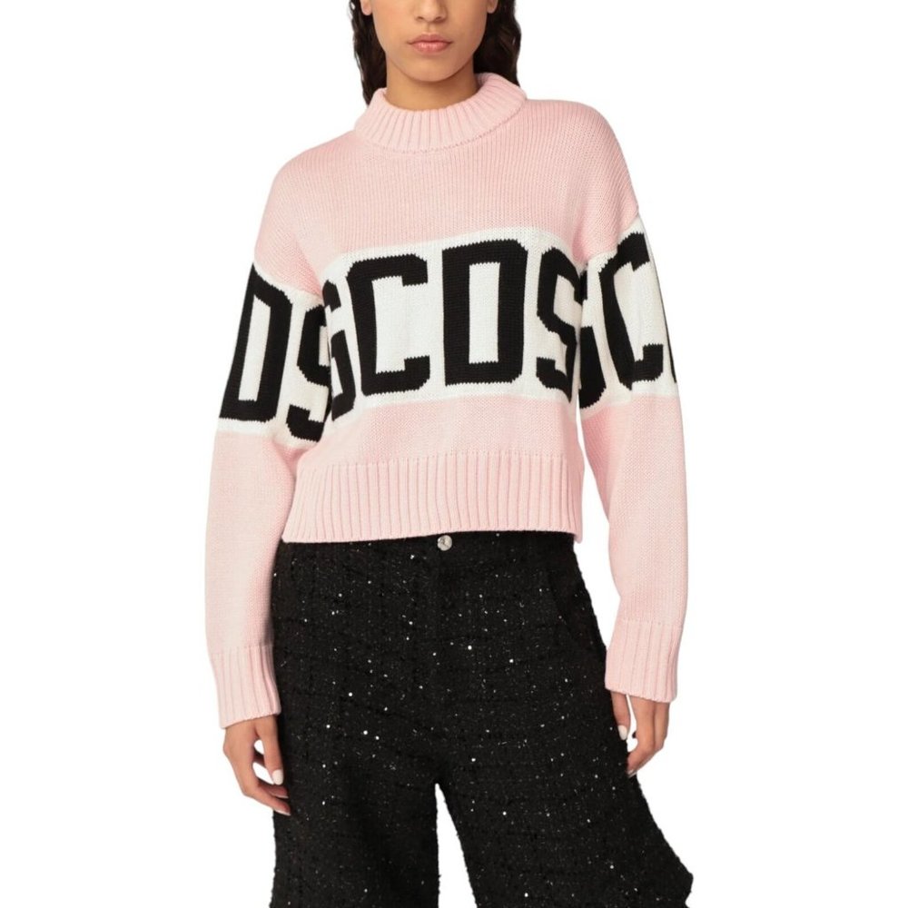 GCDS Wool Logo Band Boxy Women's Cropped Sweater Pink